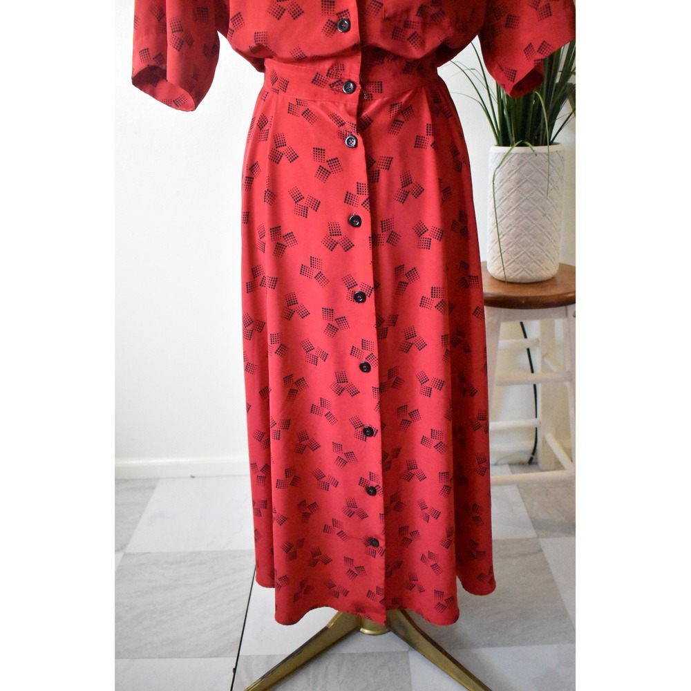 Liz Claiborne Shirt Dress Womens 12 Red 80s Shoulder Pad Geometric Midi 241 - Picture 3 of 10